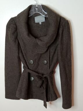 classiques entier Women's Size Small Dark Brown Cowl Neck Belted Sweater Jacket.